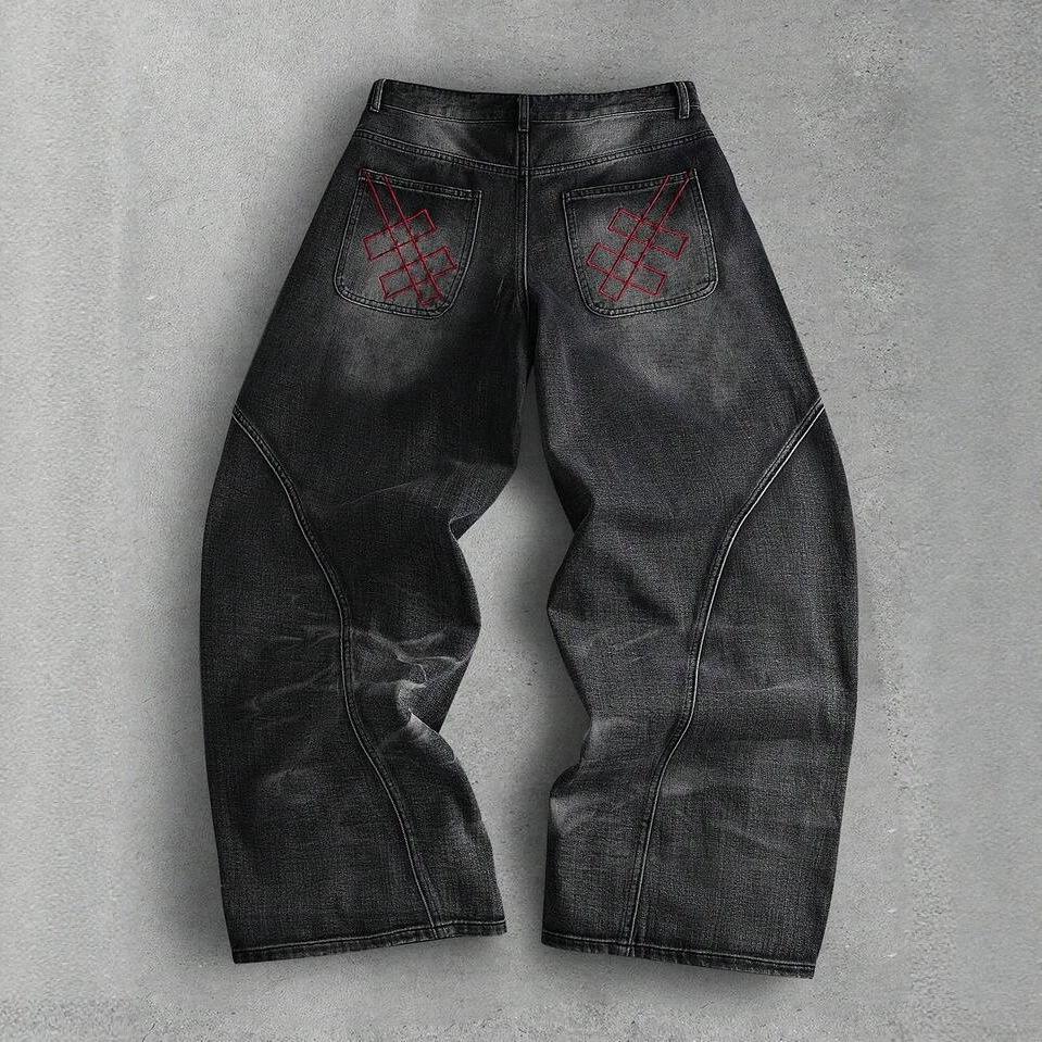 American Retro Washed Design Scimitar Jeans Men's High Sense of Black and Gray Gradual Change Loose Denim Trousers