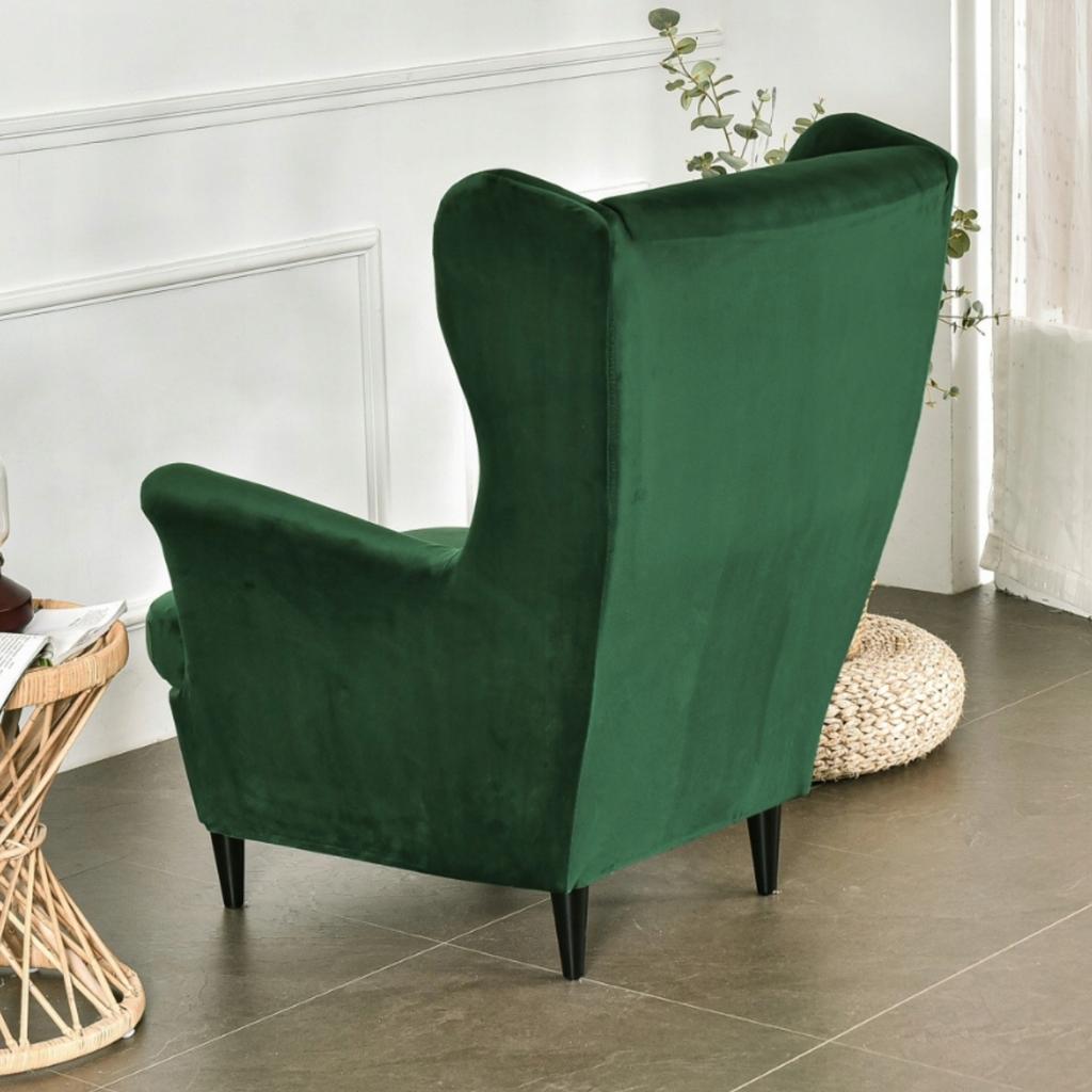 Wingback Chair Cover, Elastic Velvet, XL, Green, Universal Seat