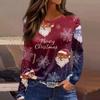 Women's Fashion Casual Slit Hem Round Neck Long Sleeve Loose Christmas Printed T-Shirt Ladies Top