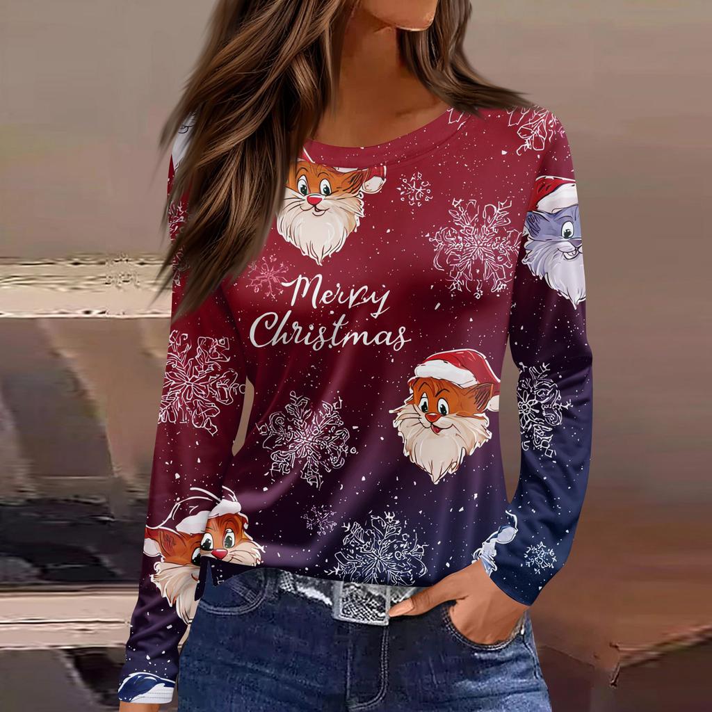 Women's Fashion Casual Slit Hem Round Neck Long Sleeve Loose Christmas Printed T-Shirt Ladies Top