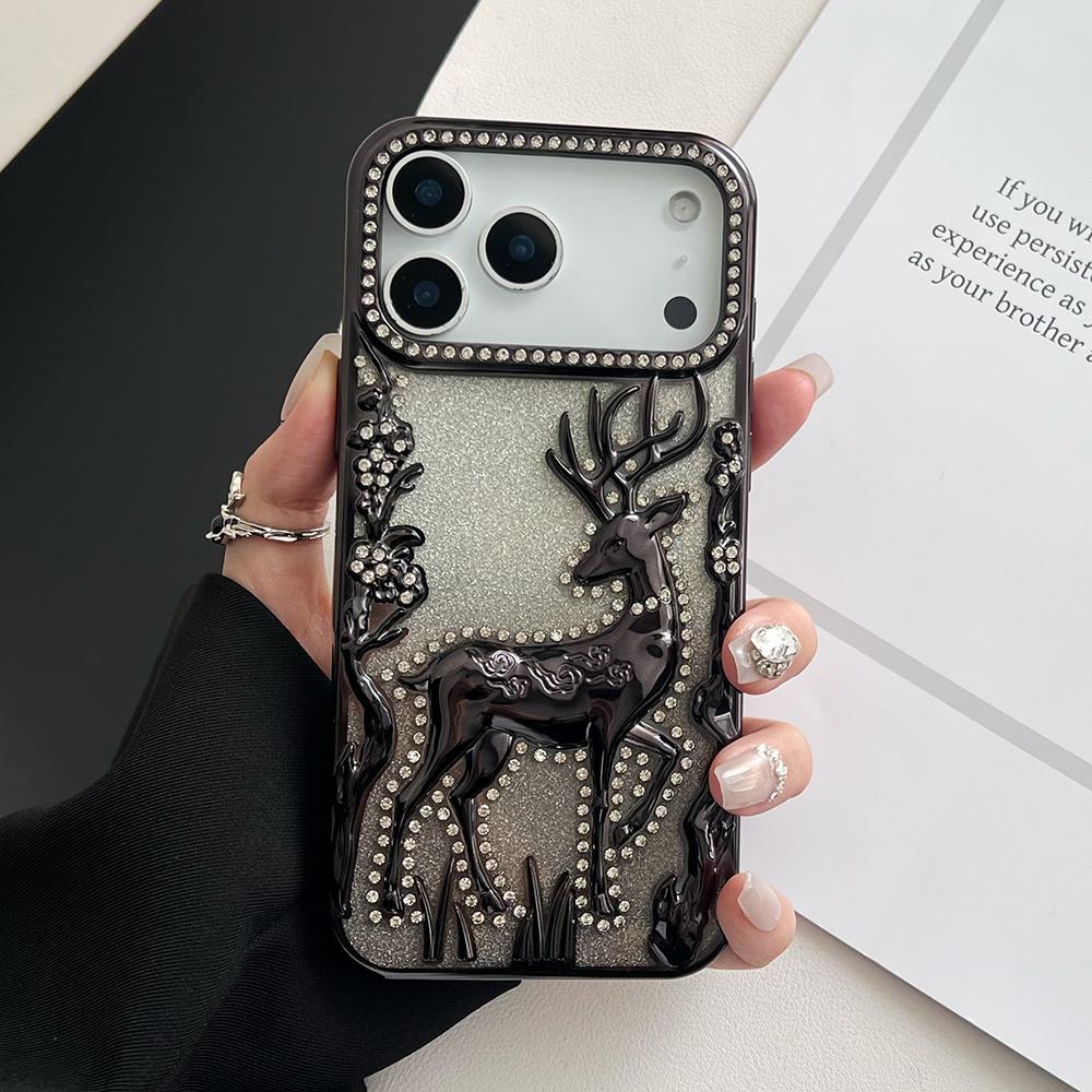 

Christmas Rhinestone Elk Phone Case For iPhone 17 16 15 14 13 Pro Max Electroplated Soft Shockproof Silicone Cover Couple Gifts iPhone 12