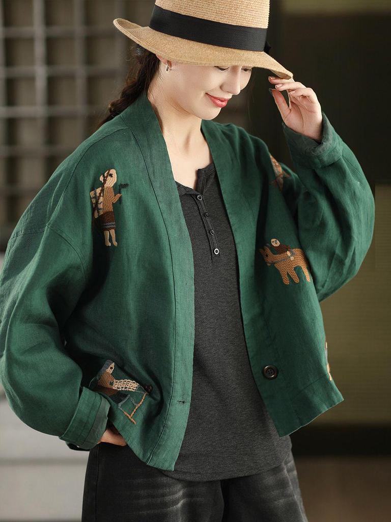Women's 2025 Retro Embroidered Jacket - Loose, Slimming Casual Top for Spring/Autumn
