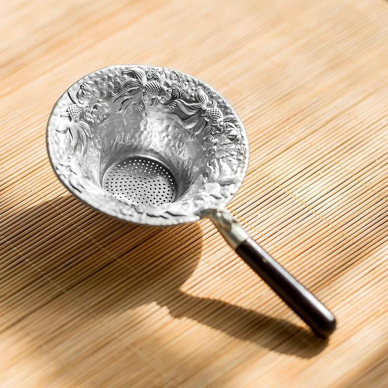 Handcrafted Hammered Pure Tin Tea Strainer with Wooden Handle and Filter Mesh Kung Fu Tea Accessories
