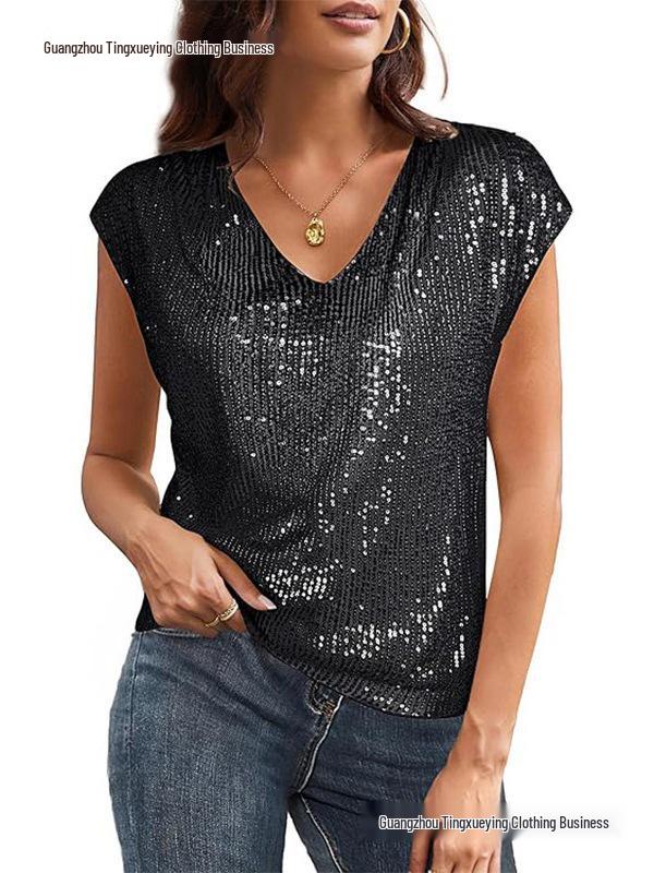 Women's Sequin V-Neck Party Vest Shirt