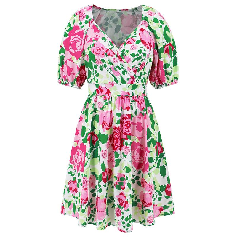 Women Summer Floral Printed V-Neck  Puff Sleeves Cut Out Casual Short Swing Dresses