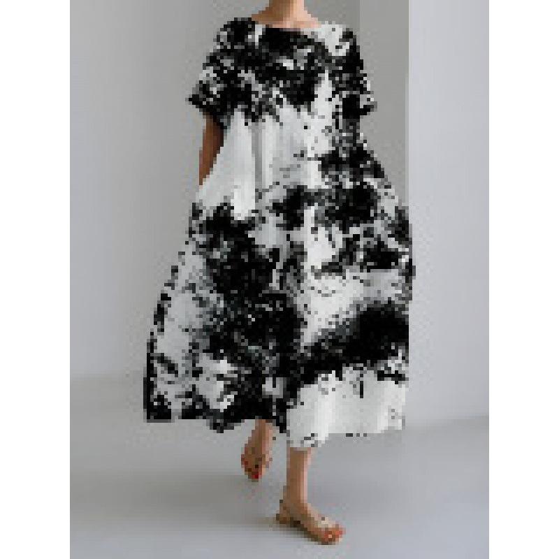 Damen Sommer Übergröße Gestreiftes Print Maxikleid, Lässiges Lockeres Rundhals Kurzarm Oversized A-Linien-Kleid