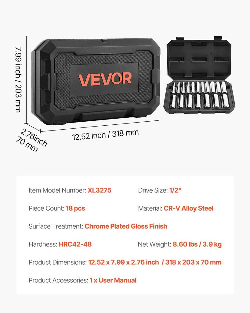 Socket Set, 18 Pieces, 12.7 mm Drive Socket Tool Set, Metric Size from 10 to 27 mm, Mechanic Tool Kit with Storage Case, Clear Markings, Chrome Plated