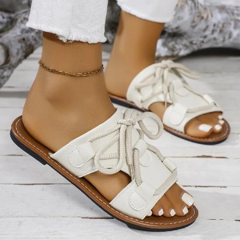 Fashion Plus Size 2025 New Hot Sale Women's Open Toe Slippers Outdoor Casual Lace Up Low Heel Sandals Summer Daily Beach Rome Slippers