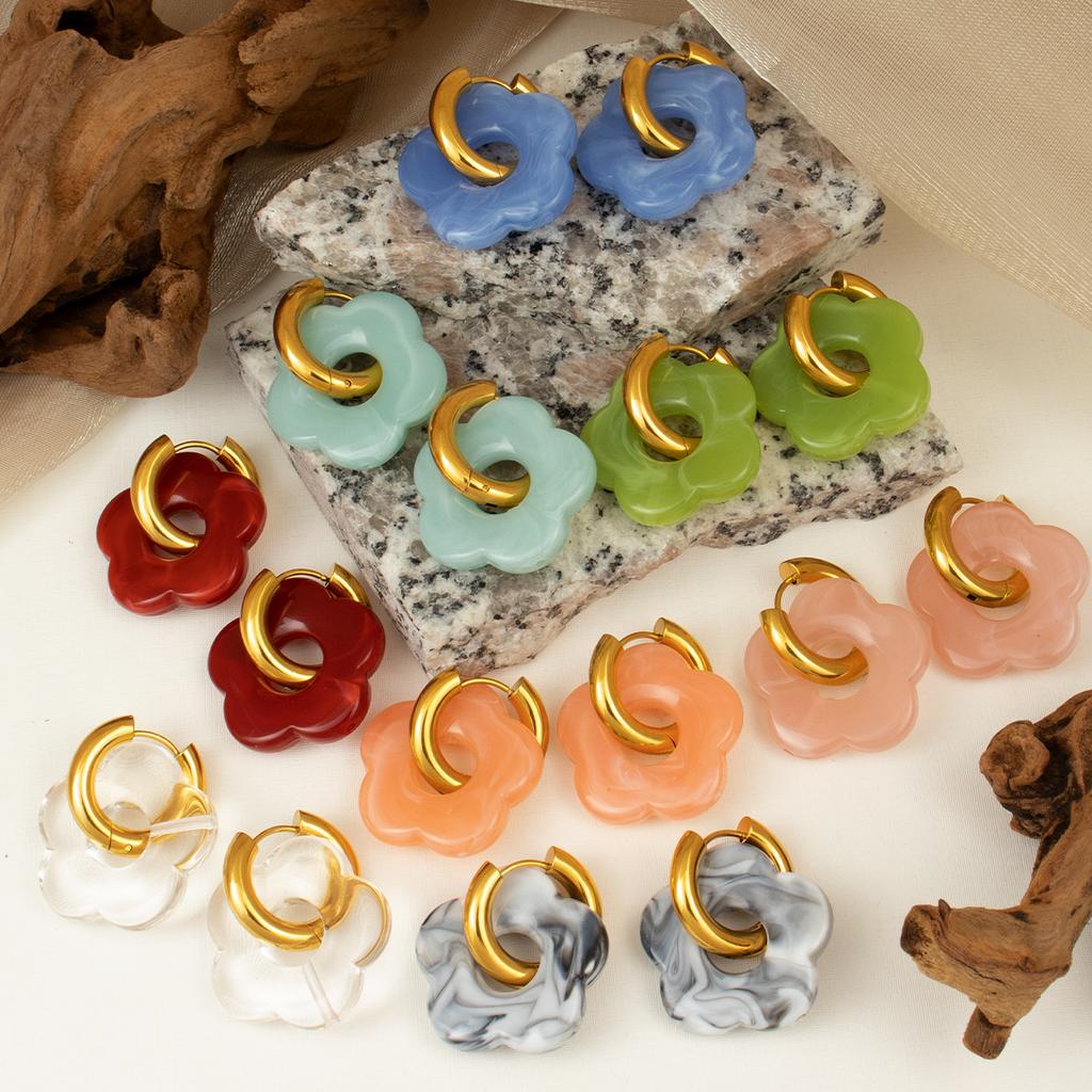 Cute Resin Colorful Flower Charms Earring Gold Color Circle Ear Buckle Hoop Earrings  Jewelry for Women