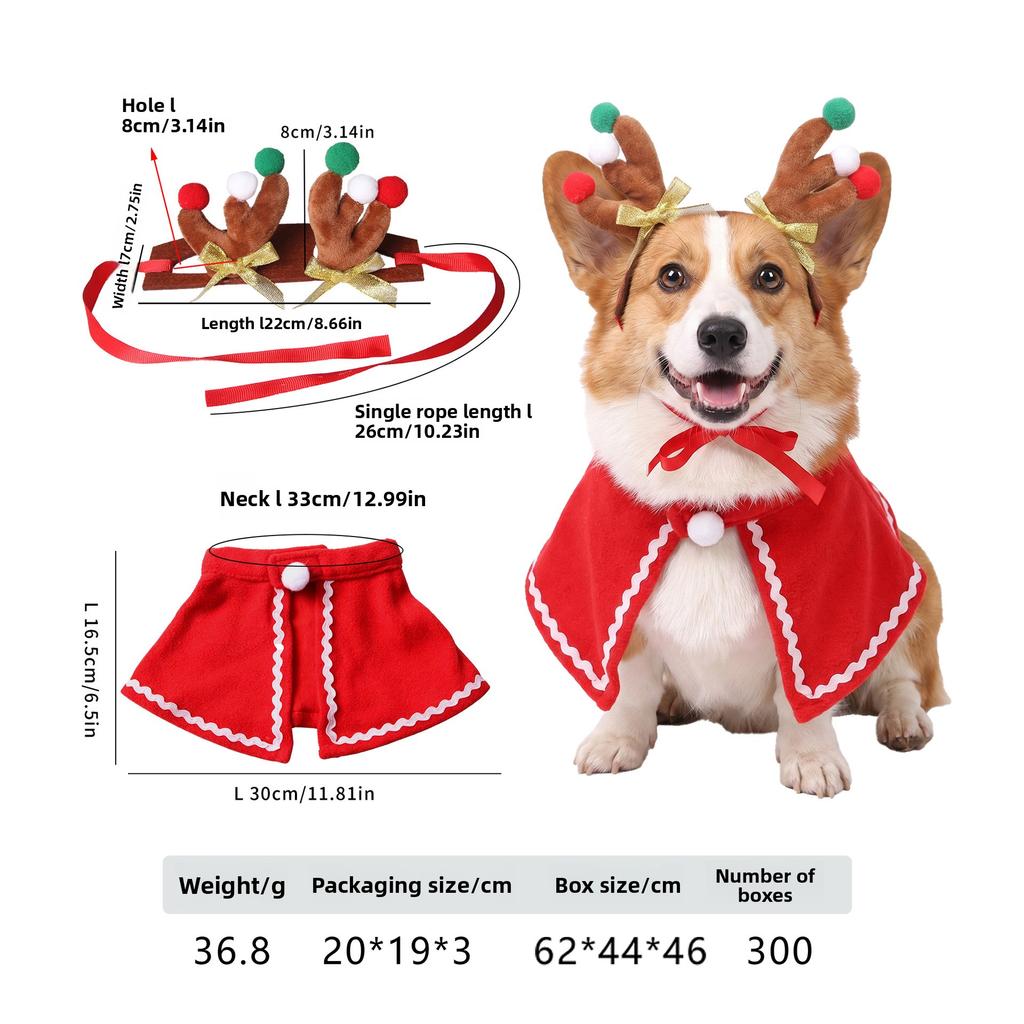 Christmas Pet Antlers Cape Set Cats and Dogs Holiday Dress Up Antlers Headband Cape Pet Dress Up