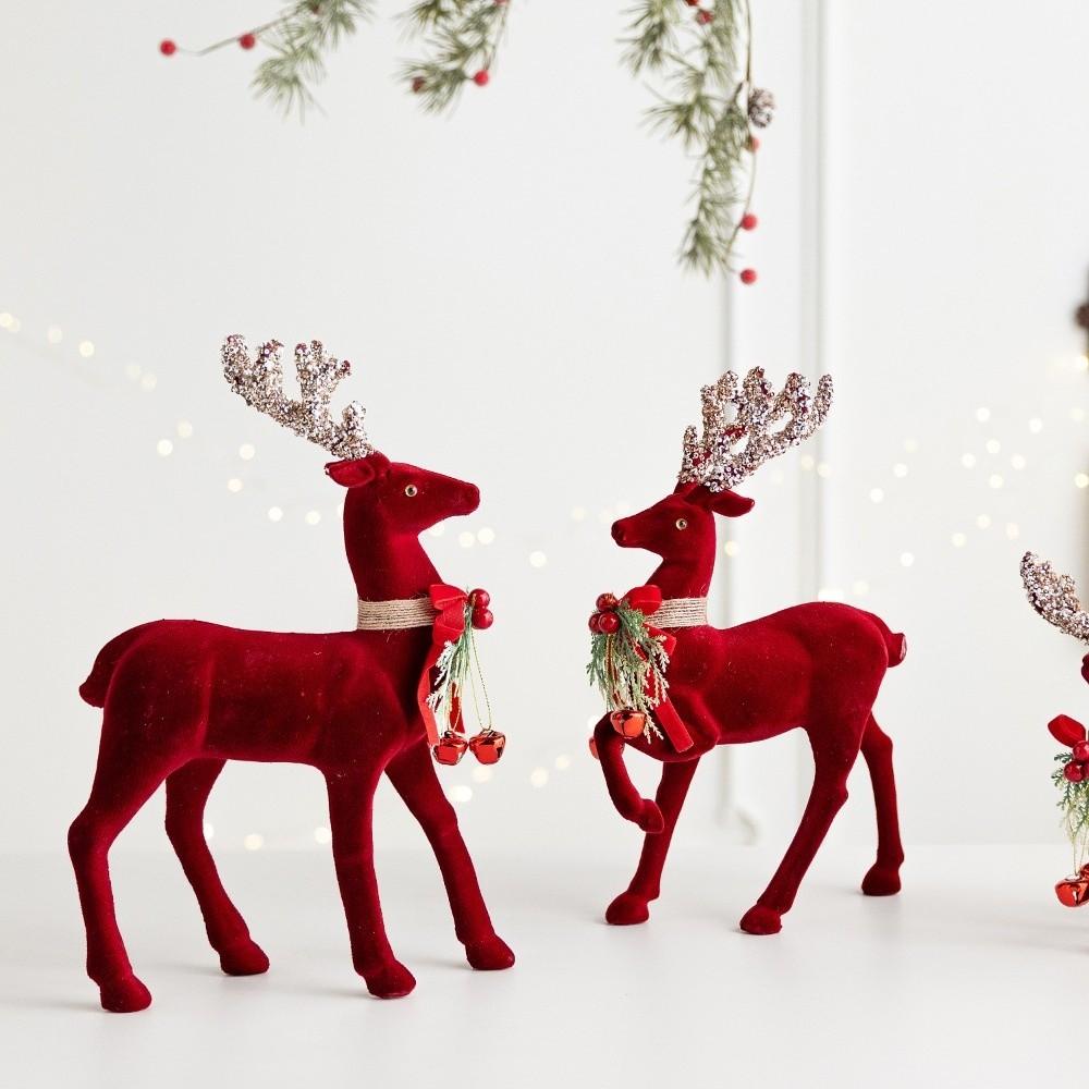 Flocking Texture Christmas Elk Figurine Shiny Antlers Glitter Bowknot Deer Living Room