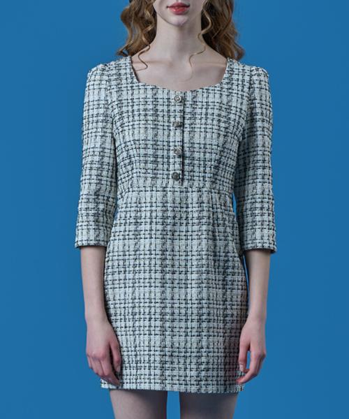 KOLEAT Tweed Vintage Square Neck Mini Dress [Ivory]