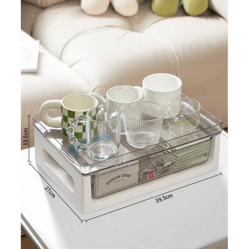 Пылезащитный контейнер для хранения чашек на журнальном столике Пластиковая многослойная прозрачная полка для хранения вещей Офисное хранилище выдвижного типа для хранения файлов 1 level (no heightening bracket) белый