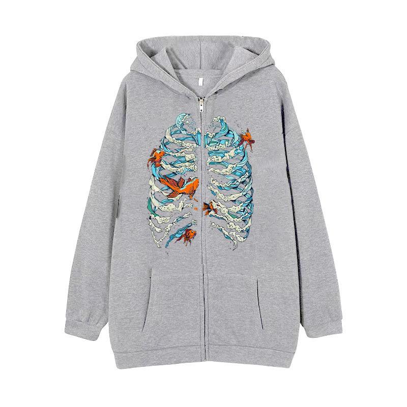 Cross-border new product spot skull wings hooded zipper sweater women's fleece thickened loose sports cardigan sweater women's