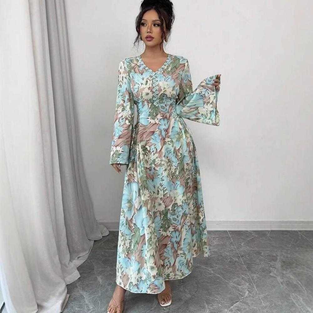 Middle East, Dubai Evening Dress New Fashion Temperament Slim Flared Sleeve V-Neck A-Dress Robe