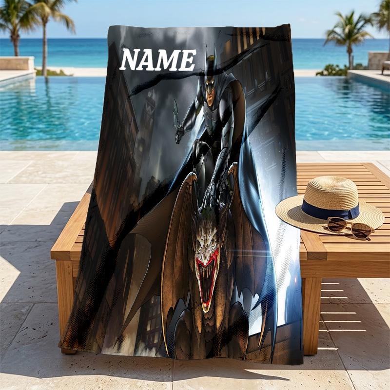 Custom Name Batman Cityscape Stylish Digital Printing Beach Towel Quick‑Drying Absorbent Blanket for Beach Pool Gym Travel