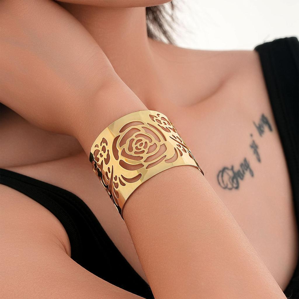 Promotion Personalized Big Bracelet, Fashion Rose Hollow Wide Face Gold Bracelet Bracelet