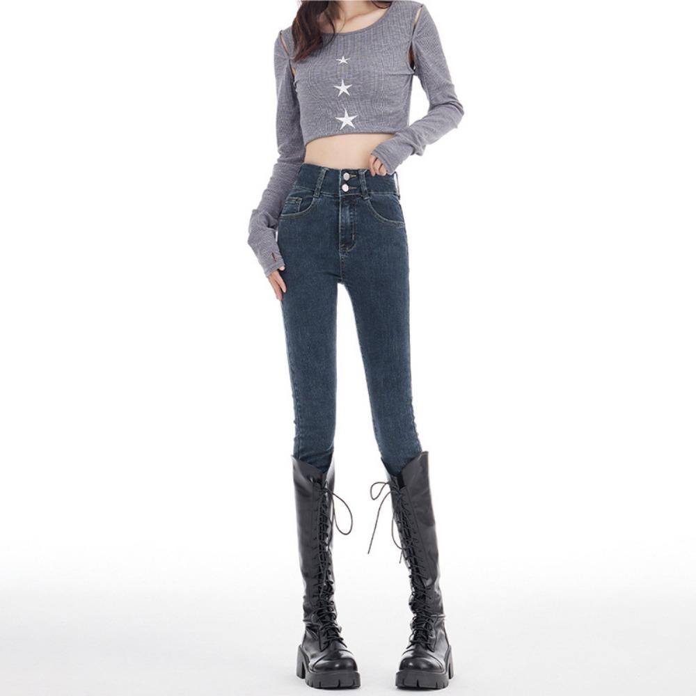 

Ленивые новые джинсы с высокой посадкой, двойной пряжкой, узкие внизу, женские облегающие, стройнящие и тонкие универсальные джинсы-карандаш 32 сине серый