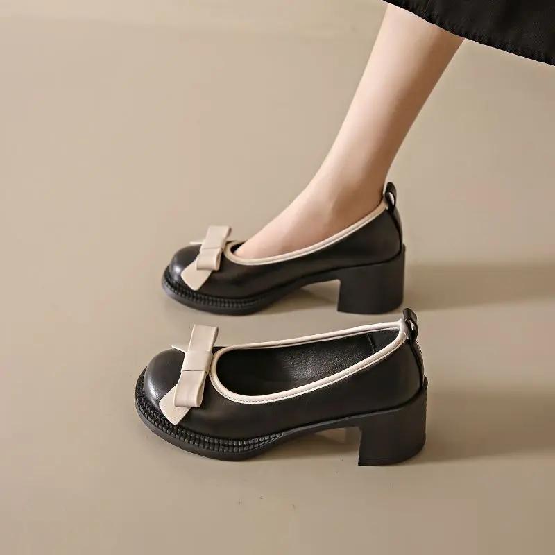 Fashion With Medium Heels Bow Round Toe Ladies Pumps Women's Shoes Chunky Block Heel Casual Y2k Vacation 2025 Trend Fashion Korean Style