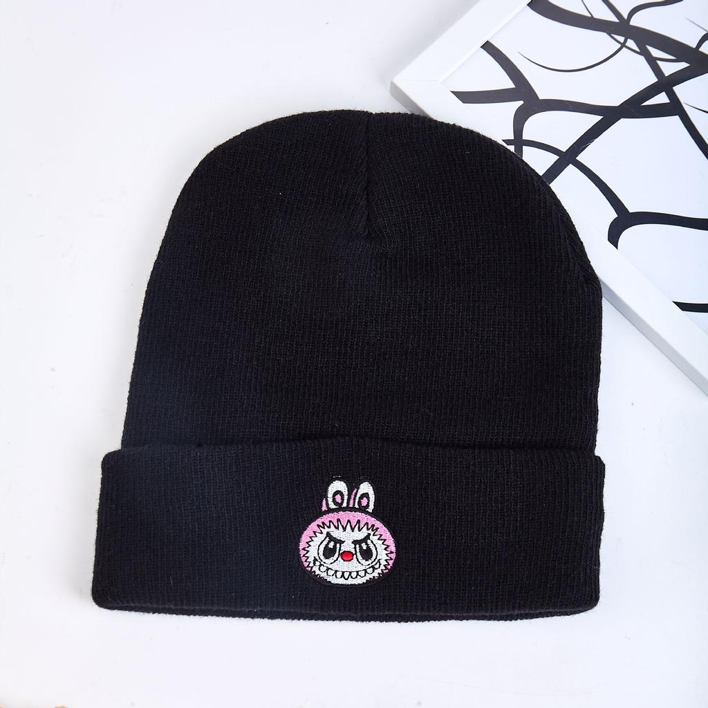 Warm Spandex/Polyester Knitted Beanie Cartoon Embroidery Autumn/Winter Unisex Adjustable Playful Trendy Black Blue Students Made