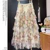 Patchwork Floral Mesh Fluffy Skirt – Women's Long Skirt with Large Hem