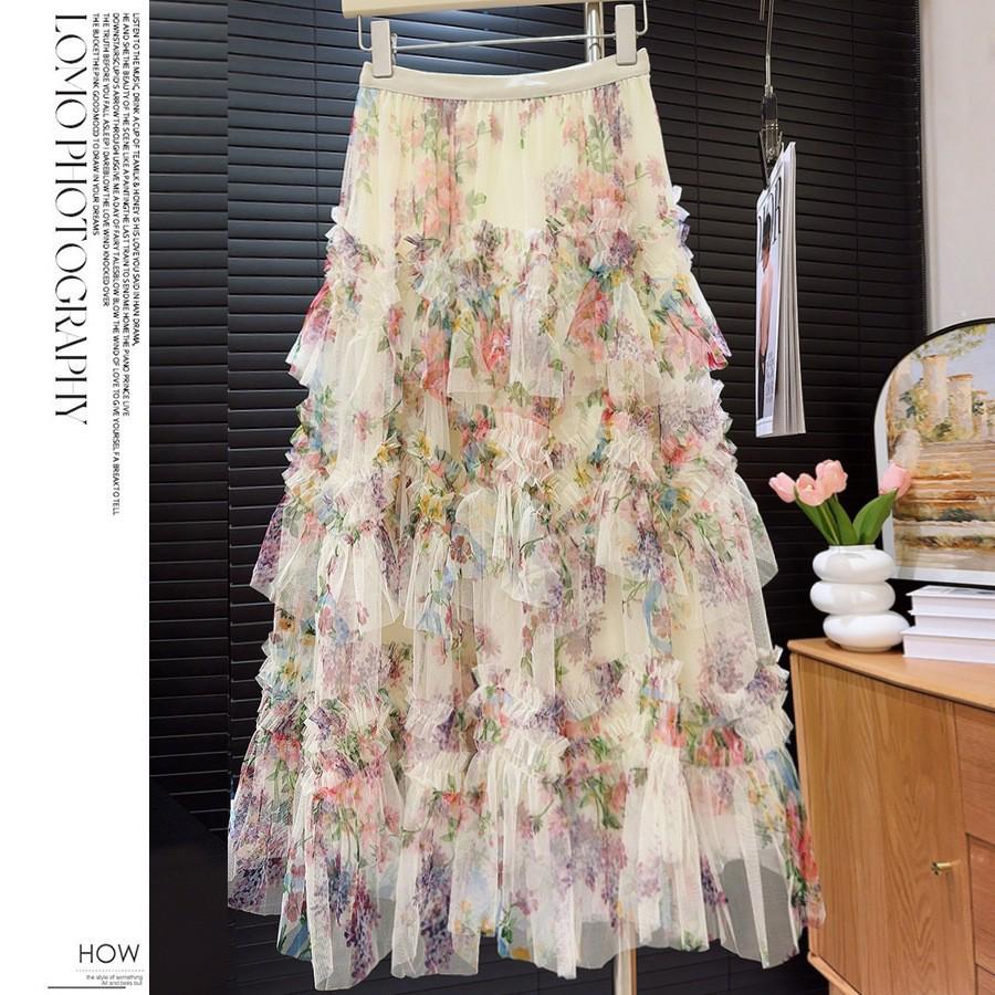 Patchwork Floral Mesh Fluffy Skirt – Women's Long Skirt with Large Hem