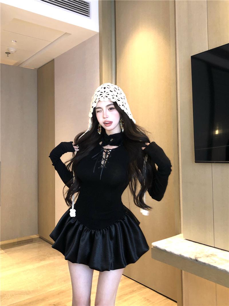 2025 Black Waist-Cinching Sexy Hollow-Out Puffy Skirt Dress Large чёрный