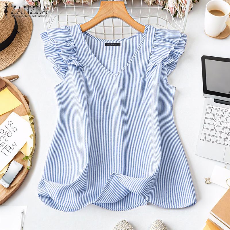 ZANZEA Women Casual V-Neck Summer Sleeveless Stripe Tank Tops