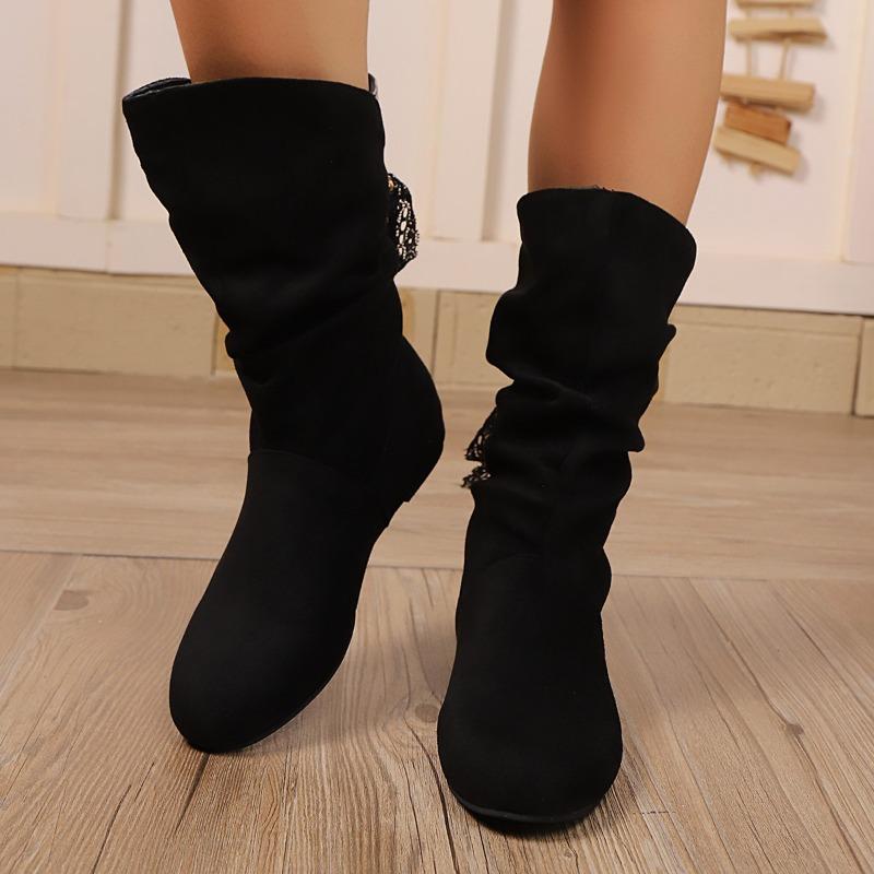 Fashion Fashion Lace Lace-Up Back Mid-Thigh Boots Women's Plus Size Suede Round Toe Sleeve Flat Skinny Boots