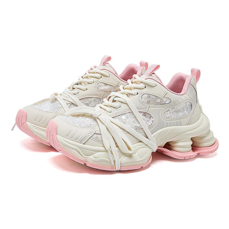 

Новые модные ретро платформа серебристые кроссовки папины туфли женские с бусинами повседневные увеличивающие рост кроссовки 35 розовый