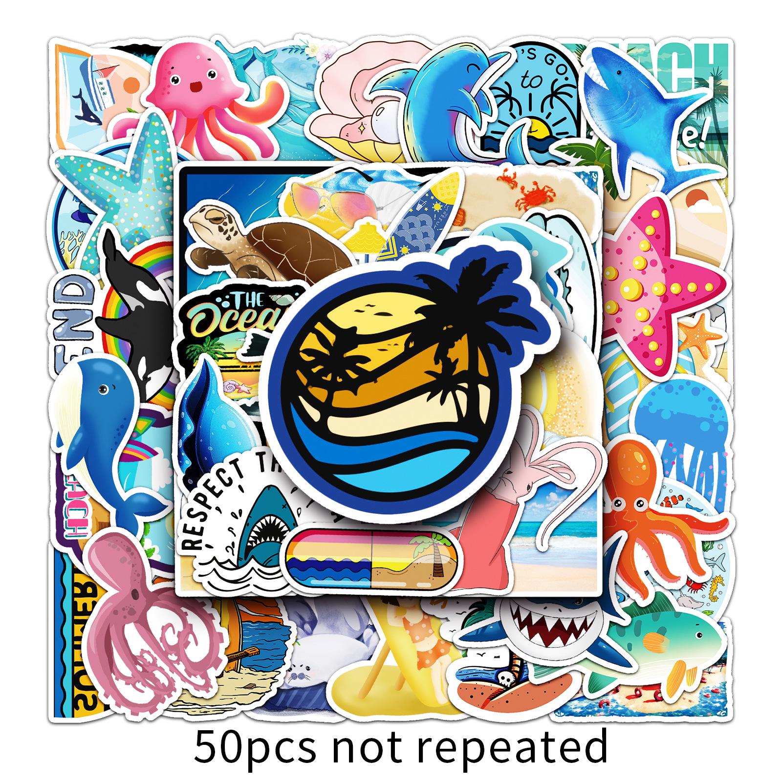 50PCS Ocean-Themed Cartoon Decorative Waterproof Stickers for Planners, Laptops, Suitcases, and Refrigerators.