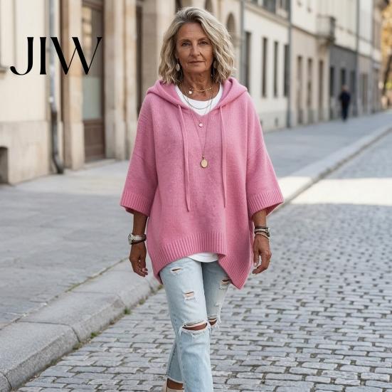 Fall Pullover Sweater Autumn Women Knit Sweater, Loose Fit Drawstring Hooded Solid Color 3/4 Sleeve Drop Shoulder Casual Long Tops