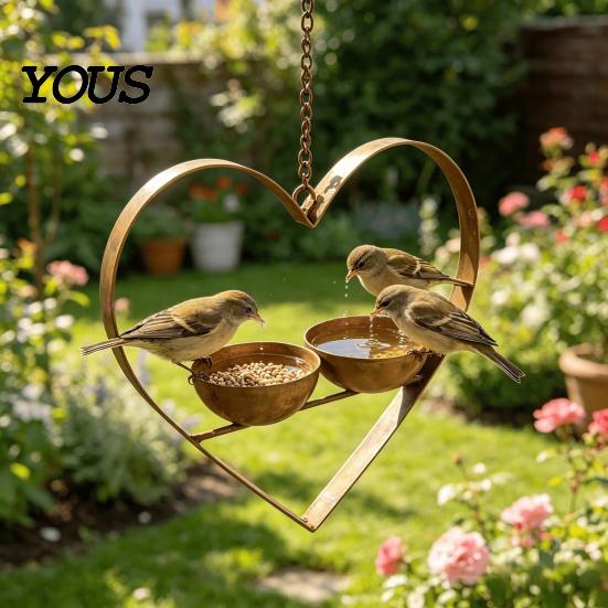 Bird Feeder for Sparrows Metal Heart Feeder, Outdoor Hanging with Large Capacity 2 Bowls, Garden Backyard Wild Birds