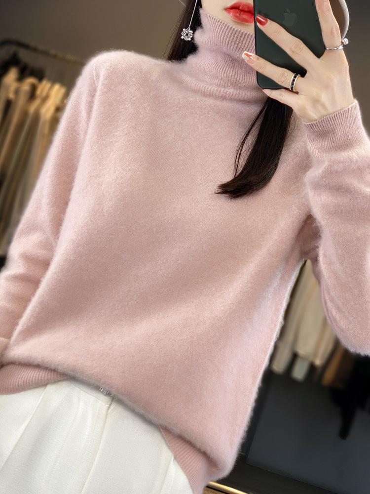 Women's Pure Wool High Neck Loose Pullover Sweater - Solid Color, Slimming, Long Sleeve - Autumn/Winter Collection