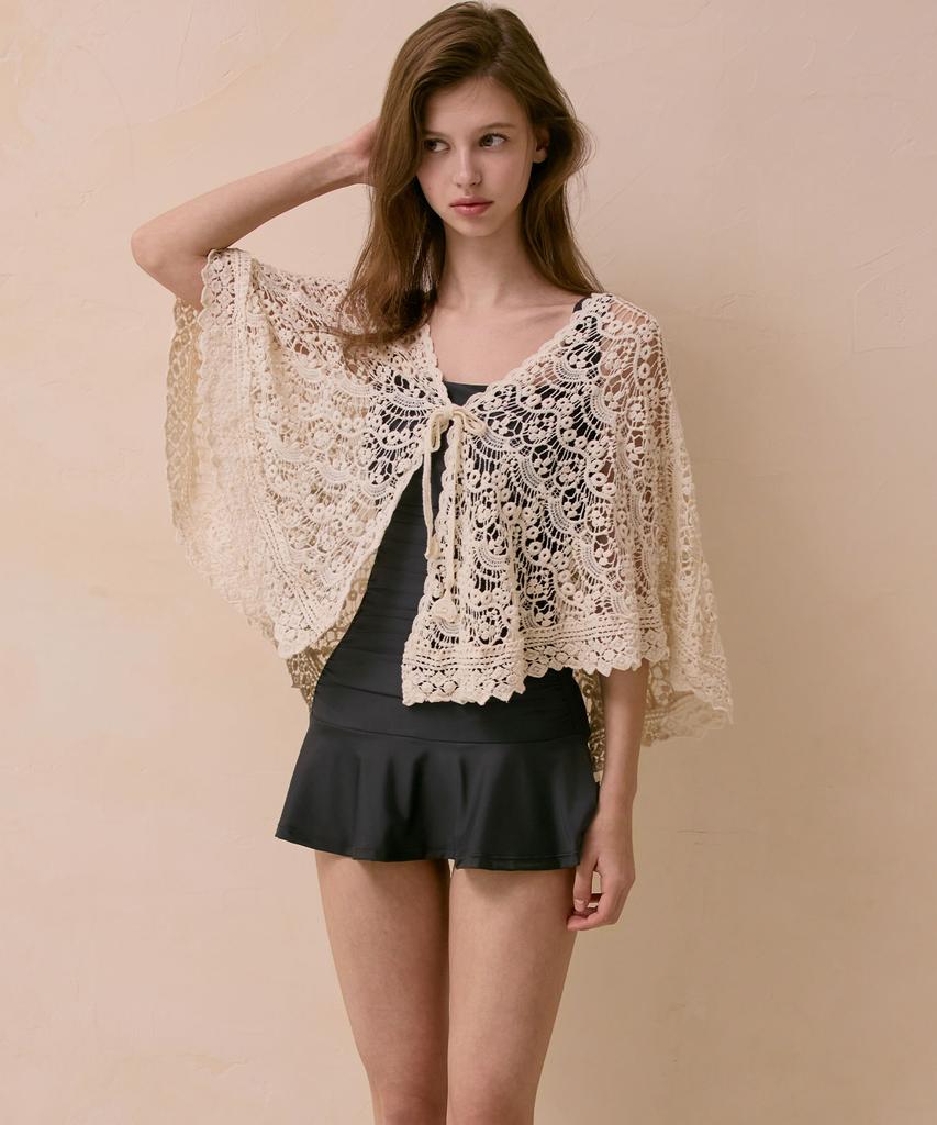 VIKINI VENDER Roa Scallop Crochet Cape Cover-Up - Beige