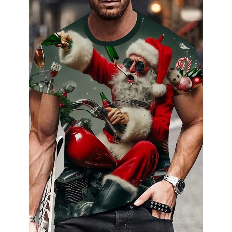 Świąteczny T-shirt z nadrukiem 3D Świętego Mikołaja dla mężczyzn, casualowy T-shirt z krótkim rękawem, modny top z okrągłym dekoltem, prezent na Nowy Rok, T-shirt oversize