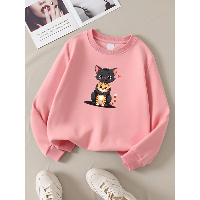 European Sizes Cute Cats Hugging Together Girls' Crew Neck Sweatshirt, Autumn Winter Western Top, Long Sleeved Casual.