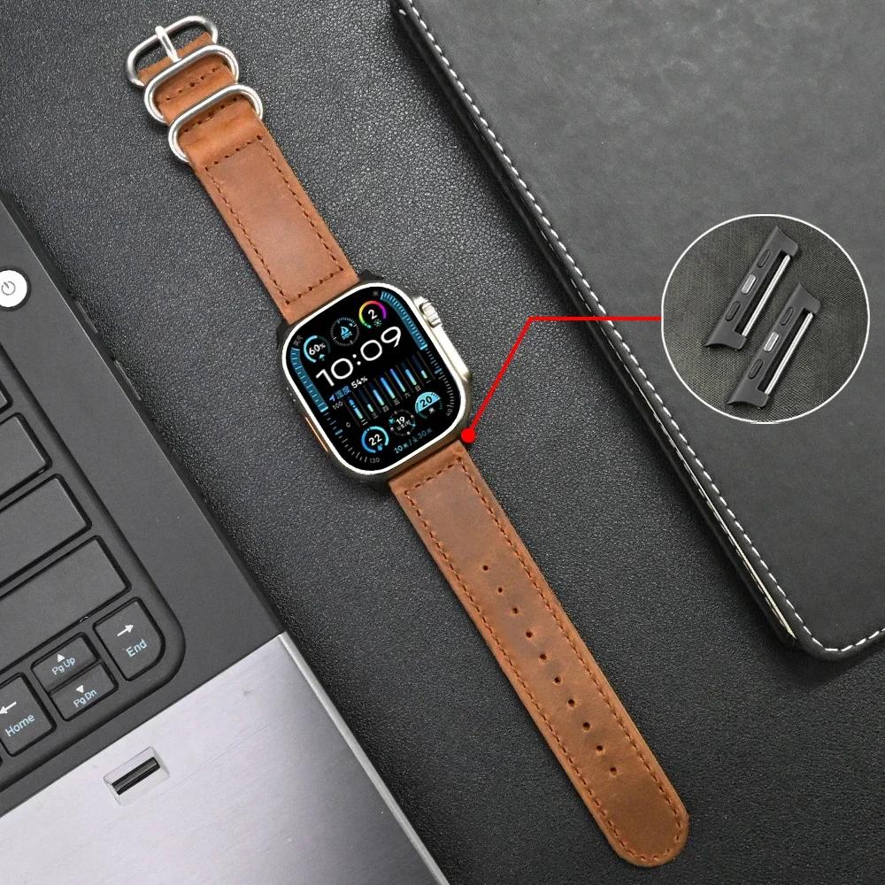 Genuine Leather Band for Apple Watch 49mm 46mm 45mm 44mm Watchband Correa for iWatch Ultra 2 series 10 9 8 7 6 5 4 Se Men Strap