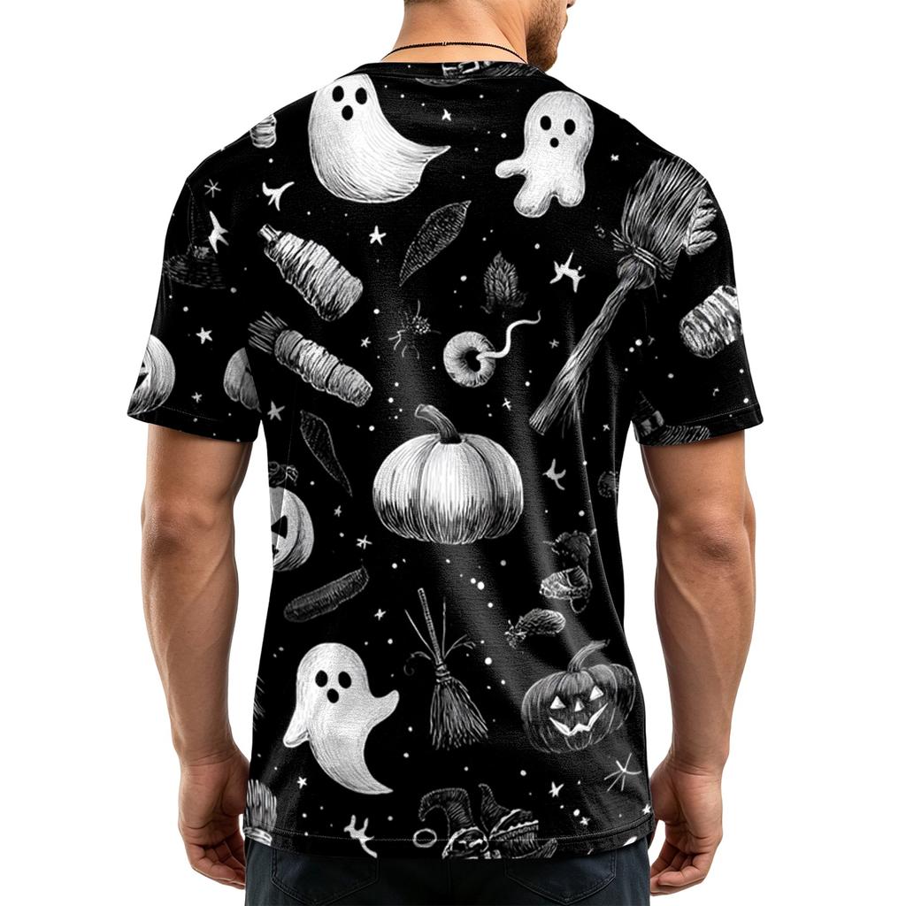 Men's Casual Short Sleeve T-Shirt Lightweight Breathable Fabric Crew Neck Halloween Themed Printed Top for Everyday Wear