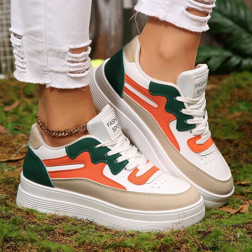 Fashion Sneakers Women's Colorblock Lace-up Breathable Sneakers Woman Campus Sneakers Show Feet Soft Leather Casual Shoes Women
