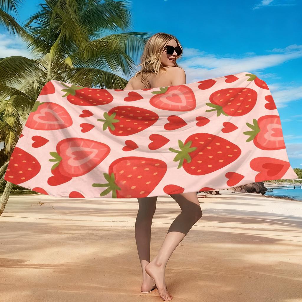 1PC Heart-shaped Strawberry Beach Towel Quick-drying Towel Suitable for Seaside Pool Camping Vacation Yoga For Family Friends