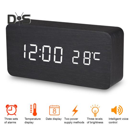 Dřevěný budík s velkým LED displejem Snadno čitelný Stmívatelný Odložení Digitální budík s ukazatelem teploty