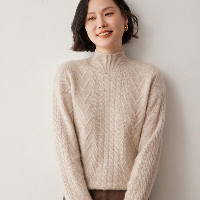Women's Cashmere Cable Knit Sweater, Half-High Neck, Korean Style, Autumn/Winter 2024 Fashion
