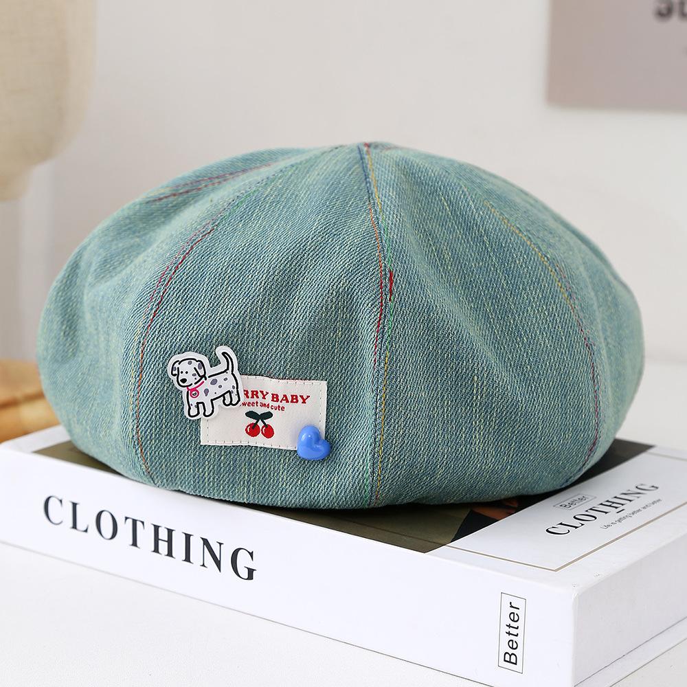 Bow print puppy cherry beret female spring summer thin breathable face small painter newsboy hat