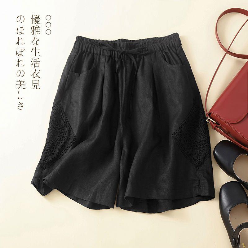

Women s Japanese Style Linen Blend Lace Decor Knee Length Shorts M чёрный