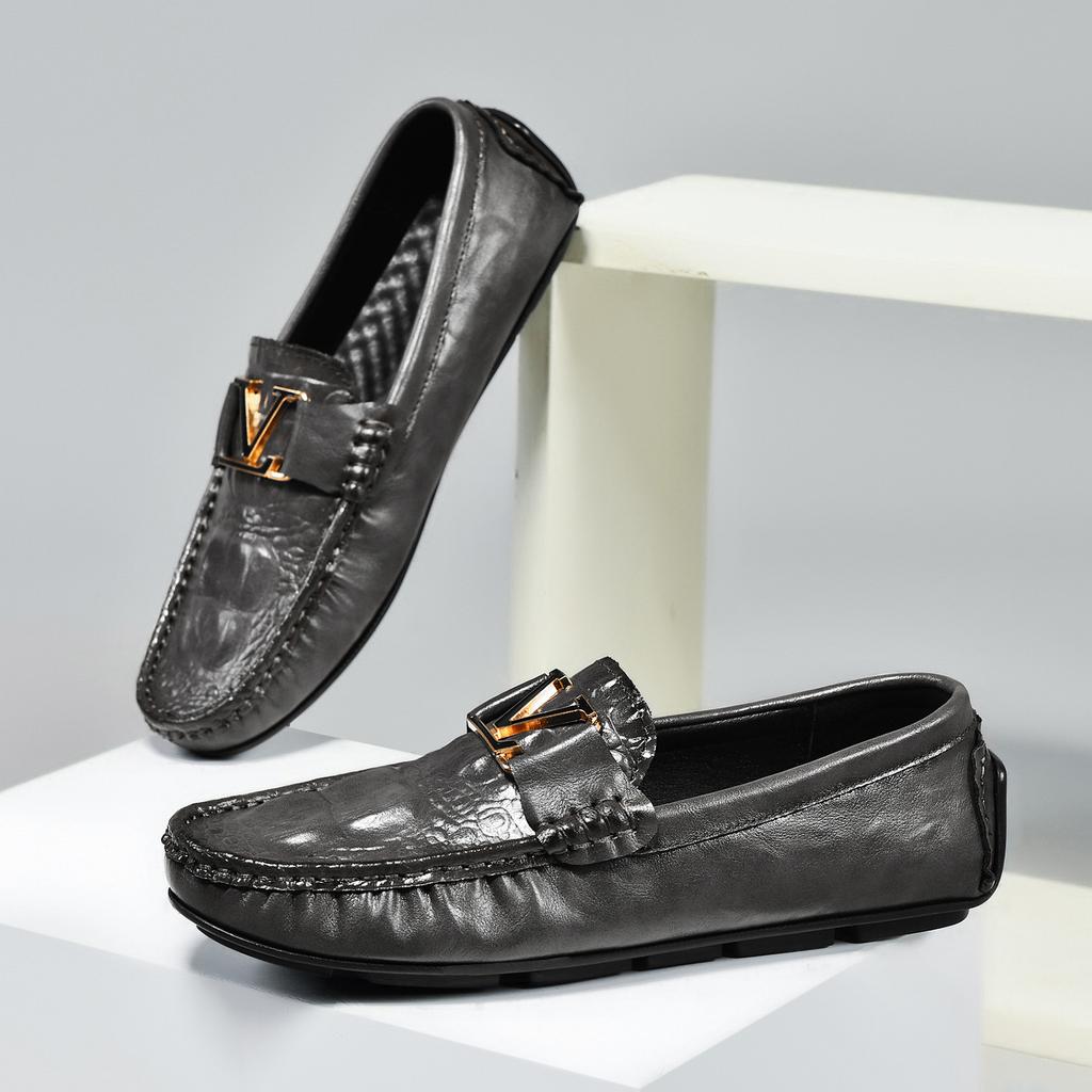 Live crocodile pattern beanie shoes lazy driving shoes British casual men's leather shoes genuine leather cowhide