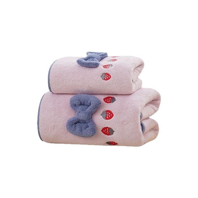 Strawberry Embroidered Bowknot Bath Towels - Coral Fleece Gift Set