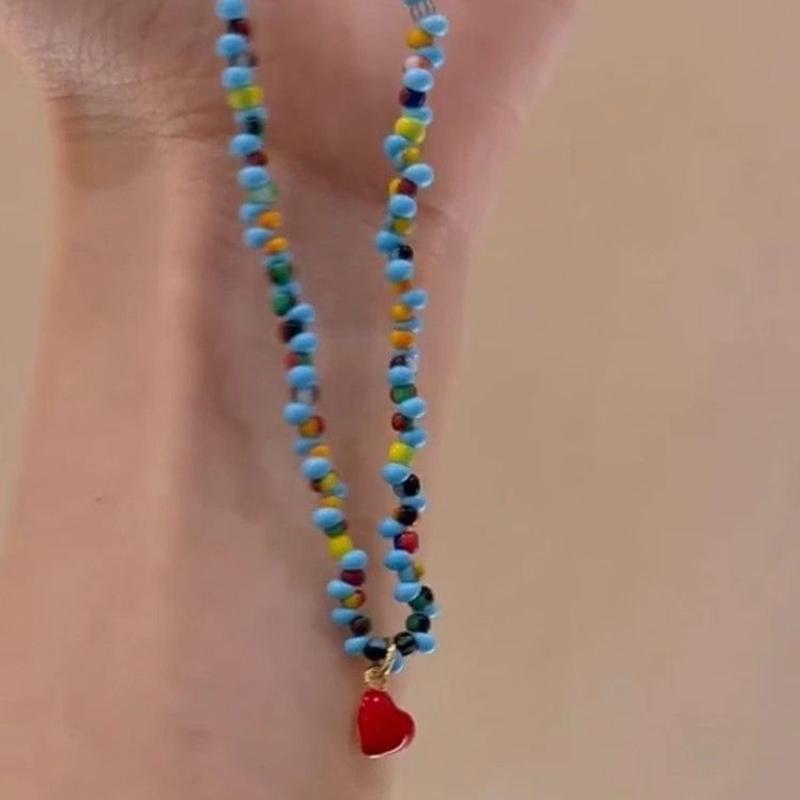 Blue Crystal Bead Heart Charm Necklace Adjustable Length Clavicle Chain Retro Style Jewelry for Everyday Casual Wear