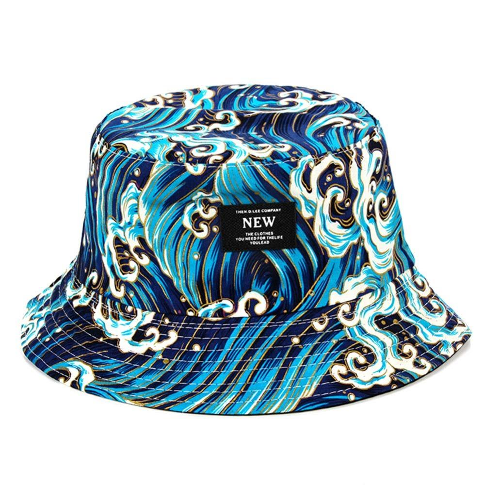 

Trendy Packable Reversible Bucket Hat UV Protection Sea Waves Pattern Sun Hat Lightweight Durable Beach Cap For Men Women синий