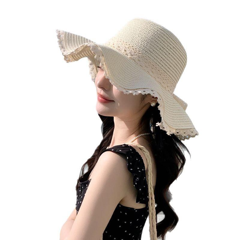 Summer sun protection sun hat children seaside vacation straw hat wavy lace sun hat